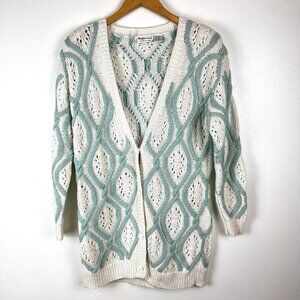 Vintage Knitted by Hand Cotton Ramie Long Cardigan Sz M 3D Knit Cottage Retro